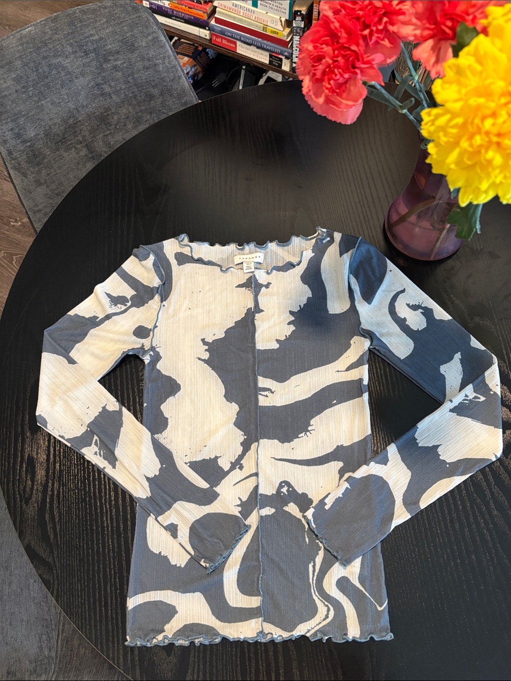 Topshop Swirl Print Ribbed Long Sleeve Sheer Top - Gray & White US 6